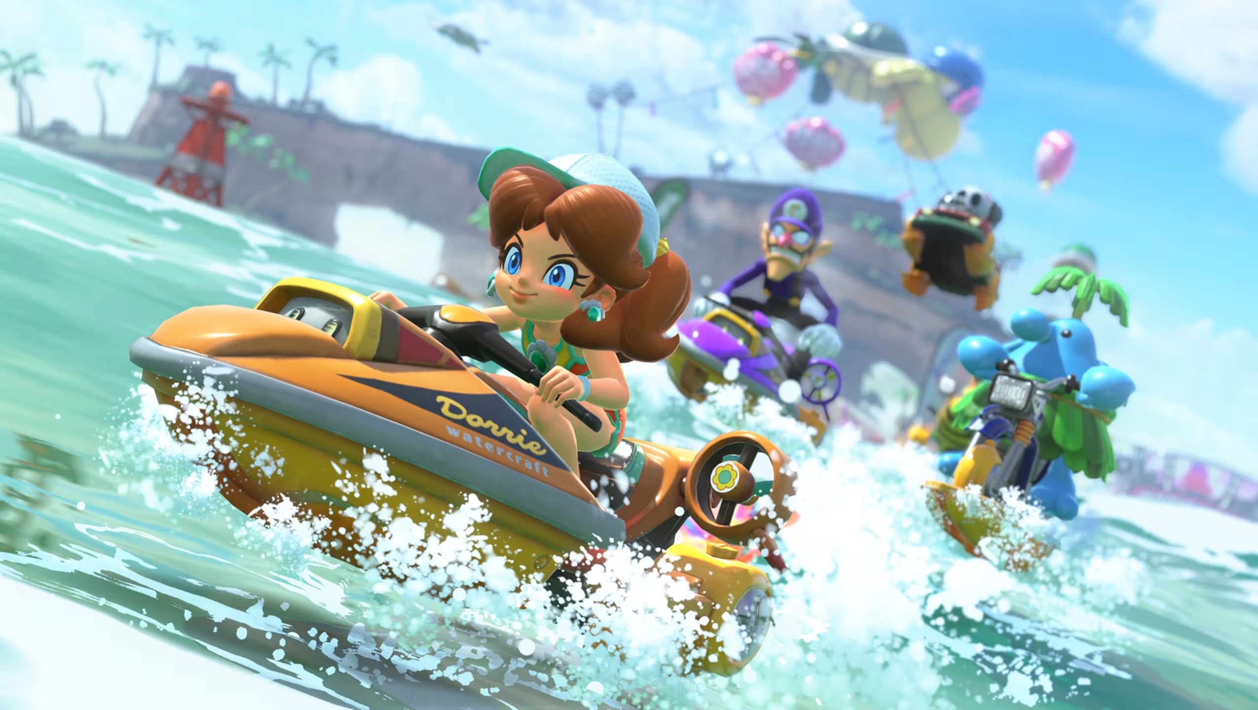 Daisy montando um Motorski em Mario Kart World