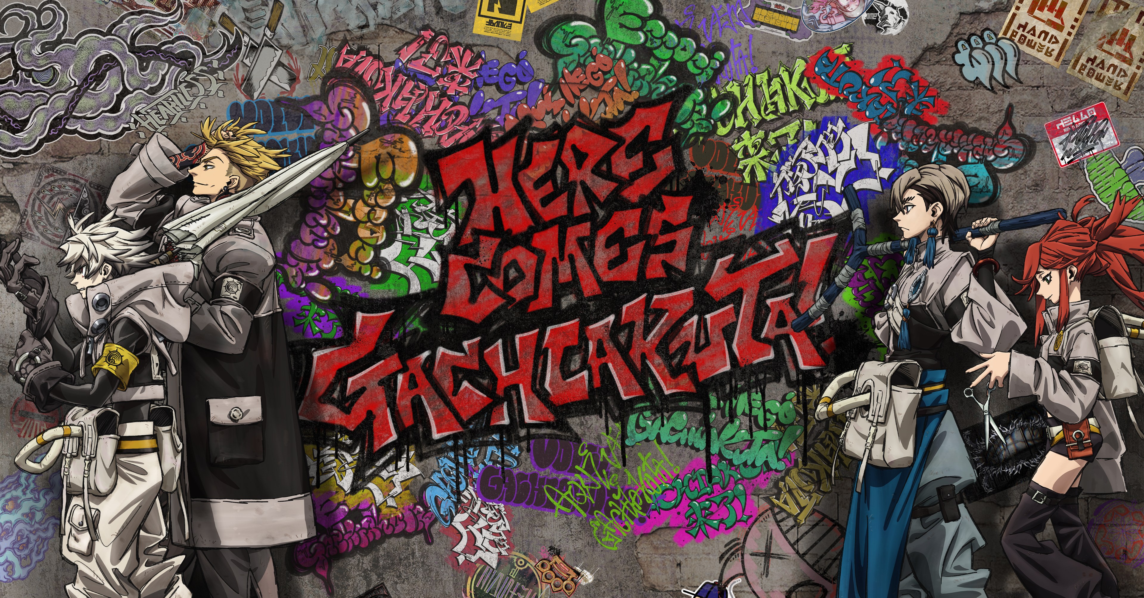 Arte promocional de Gachiakuta com os personagens principais do anime em pé em frente a grafites que dizem “aqui vem Gachiakuta”