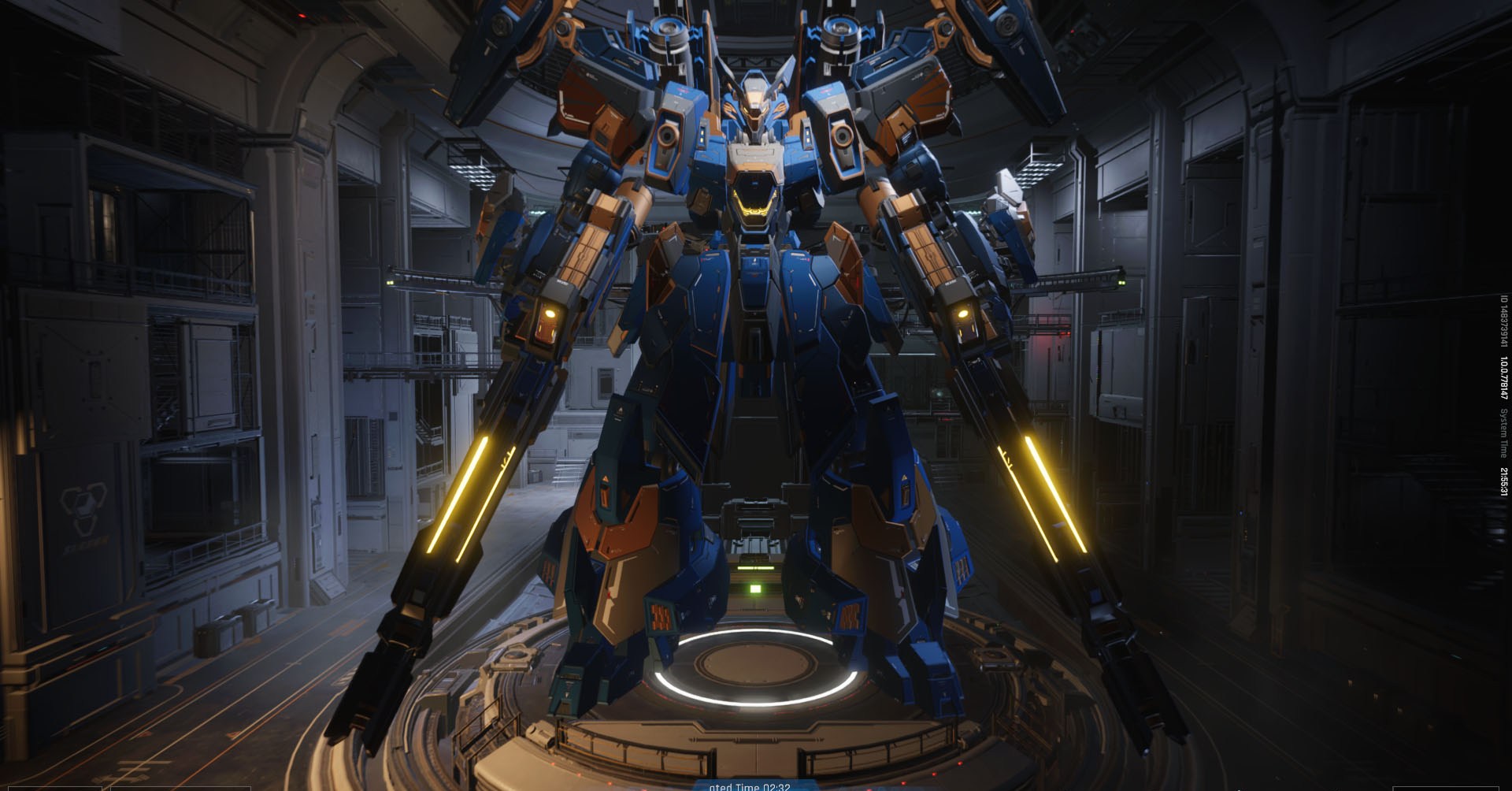 Uma captura de tela do Mecha Break mostrando um grande mecha azul segurando duas armas.