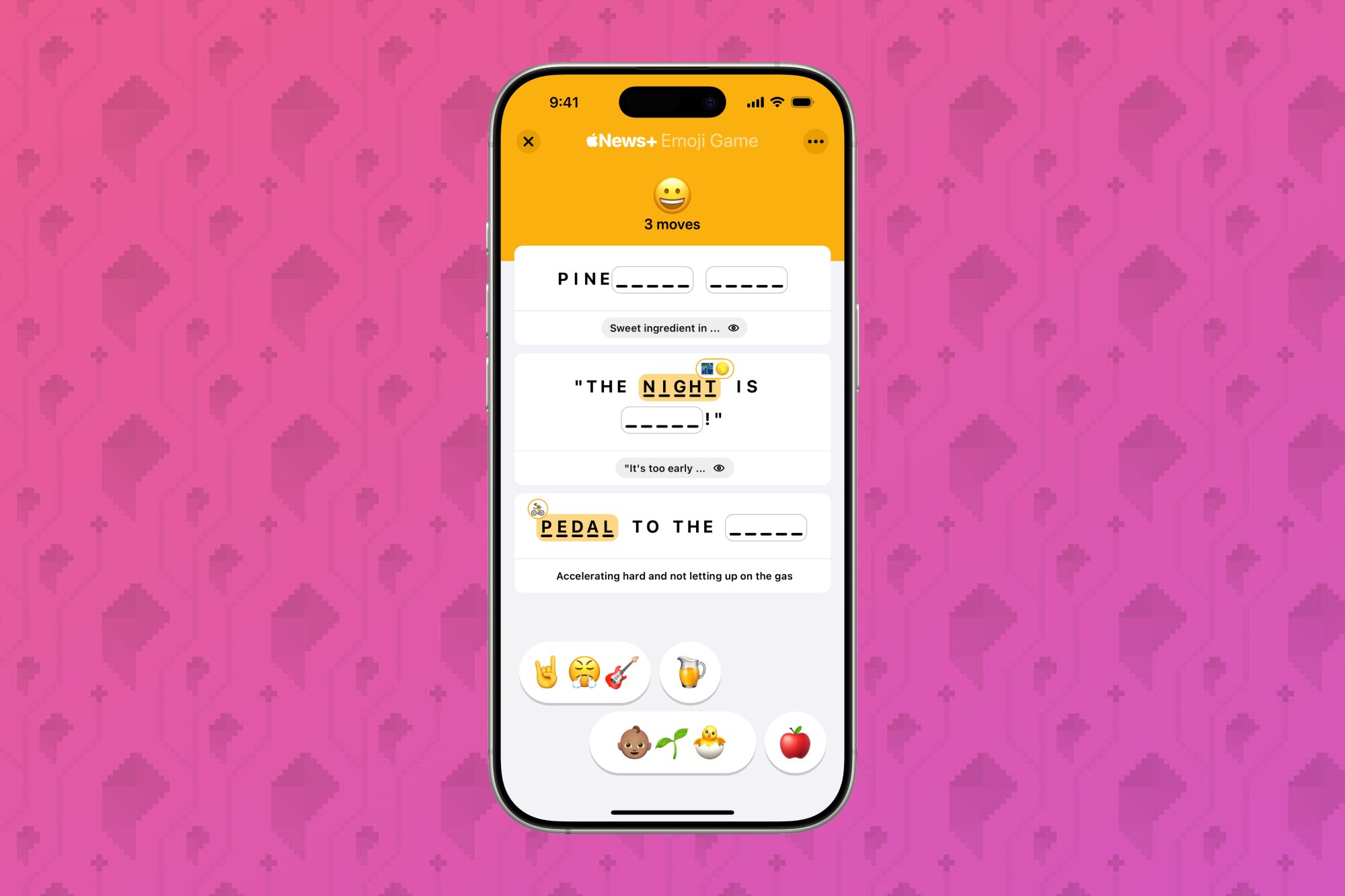 Um iPhone mostra o jogo Emoji, que é basicamente emoji Wordle no Apple News+