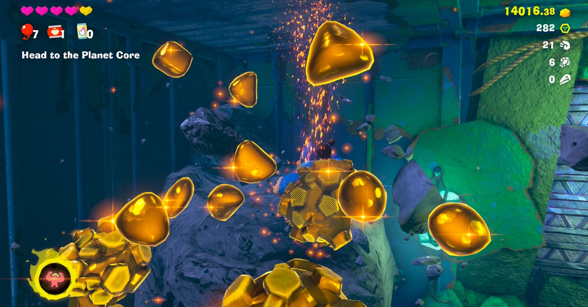 Grandes e pequenos pedaços de ouro voando pelo ar em Donkey Kong Bananza