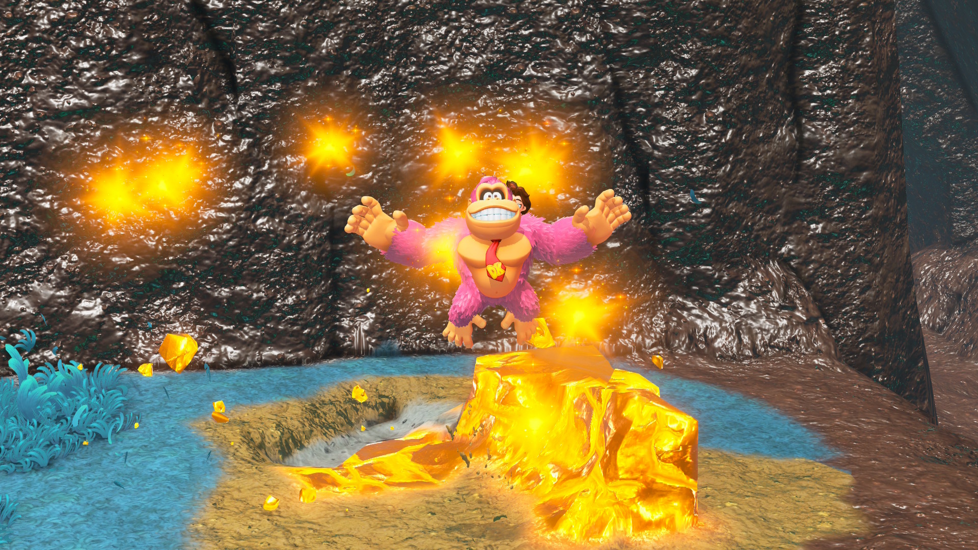 Um dk rosa batendo as mãos no ar, cercado por ouro em Donkey Kong Bananza