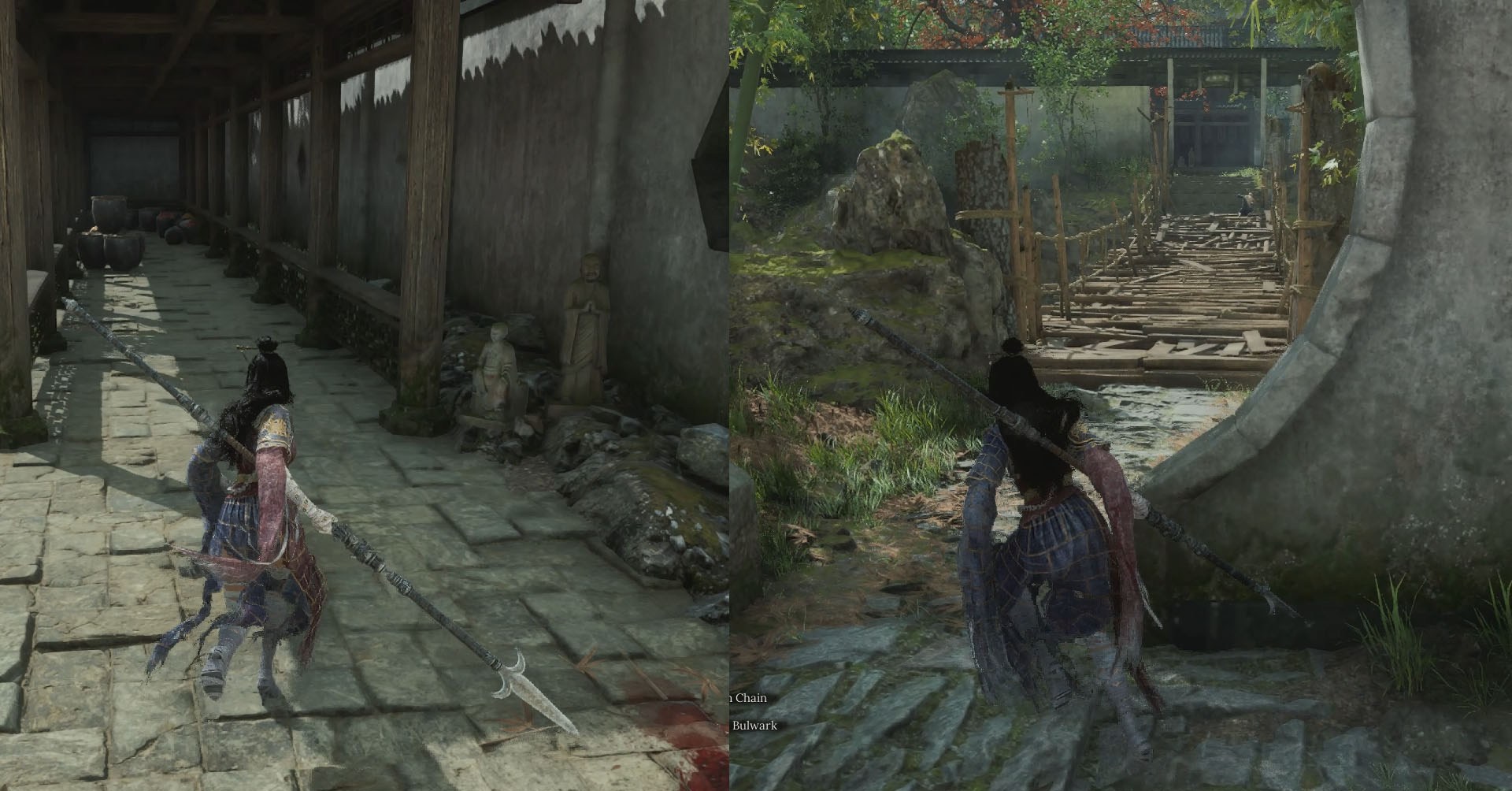 Uma montagem de duas capturas de tela de Wuchang: Feathers, mostrando o caminho que você precisa seguir para encontrar o inimigo que solta o item de pintura cênica. No lado esquerdo, você vê o personagem seguindo um corredor, enquanto do lado direito, o personagem está indo para uma ponte feita de madeira.