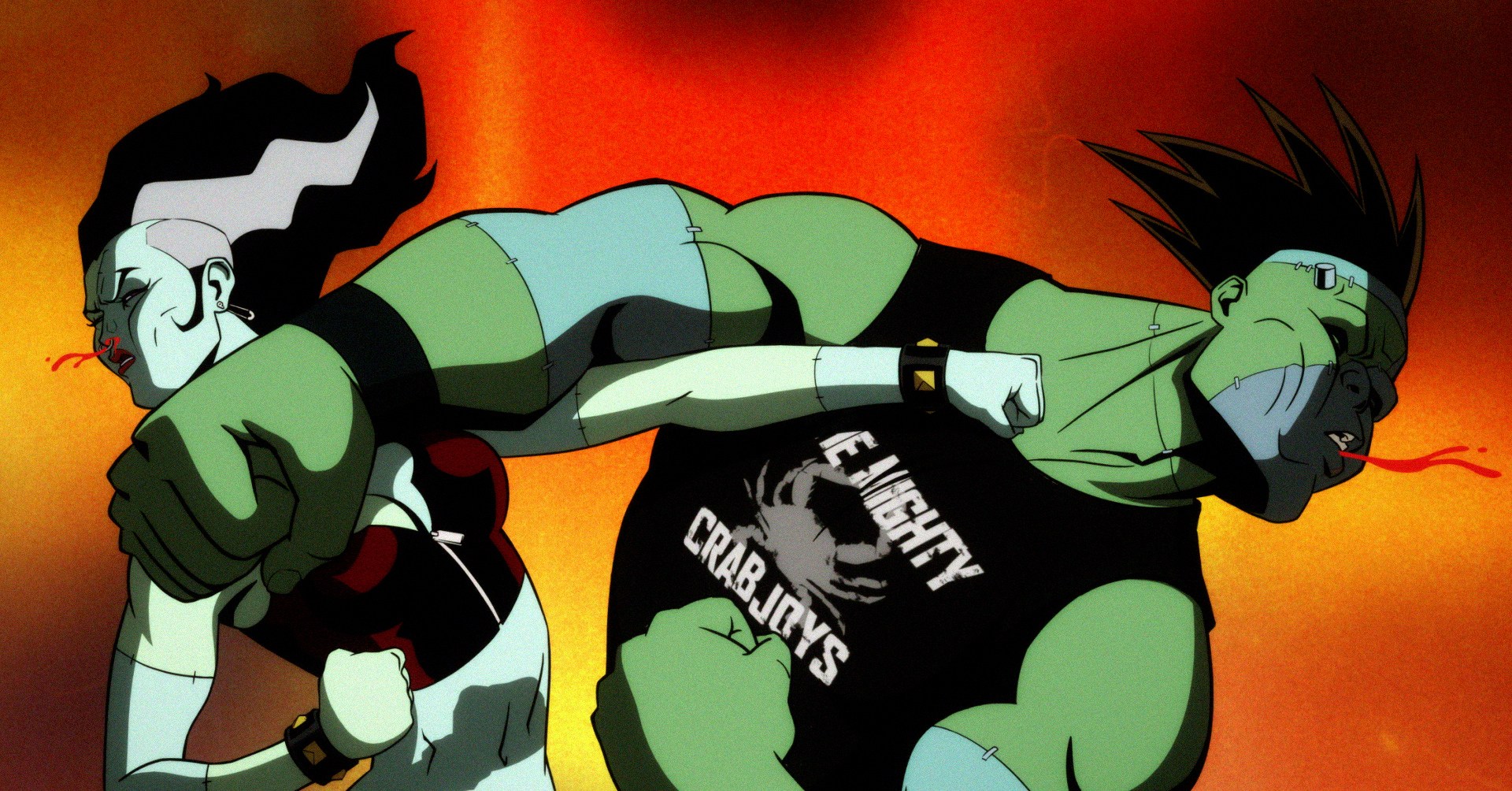 A noiva e Frankenstein na série DCU Creature Commandos níveis de Mighty Haymakers um para o outro, socando e sendo um soco simultaneamente. Eles estão usando roupas punk rock dos anos 90.