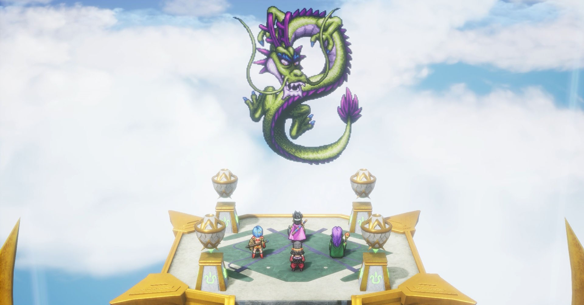 Uma captura de tela do Dragon Quest 3 HD-2D remake mostrando os quatro personagens principais conversando com um dragão.