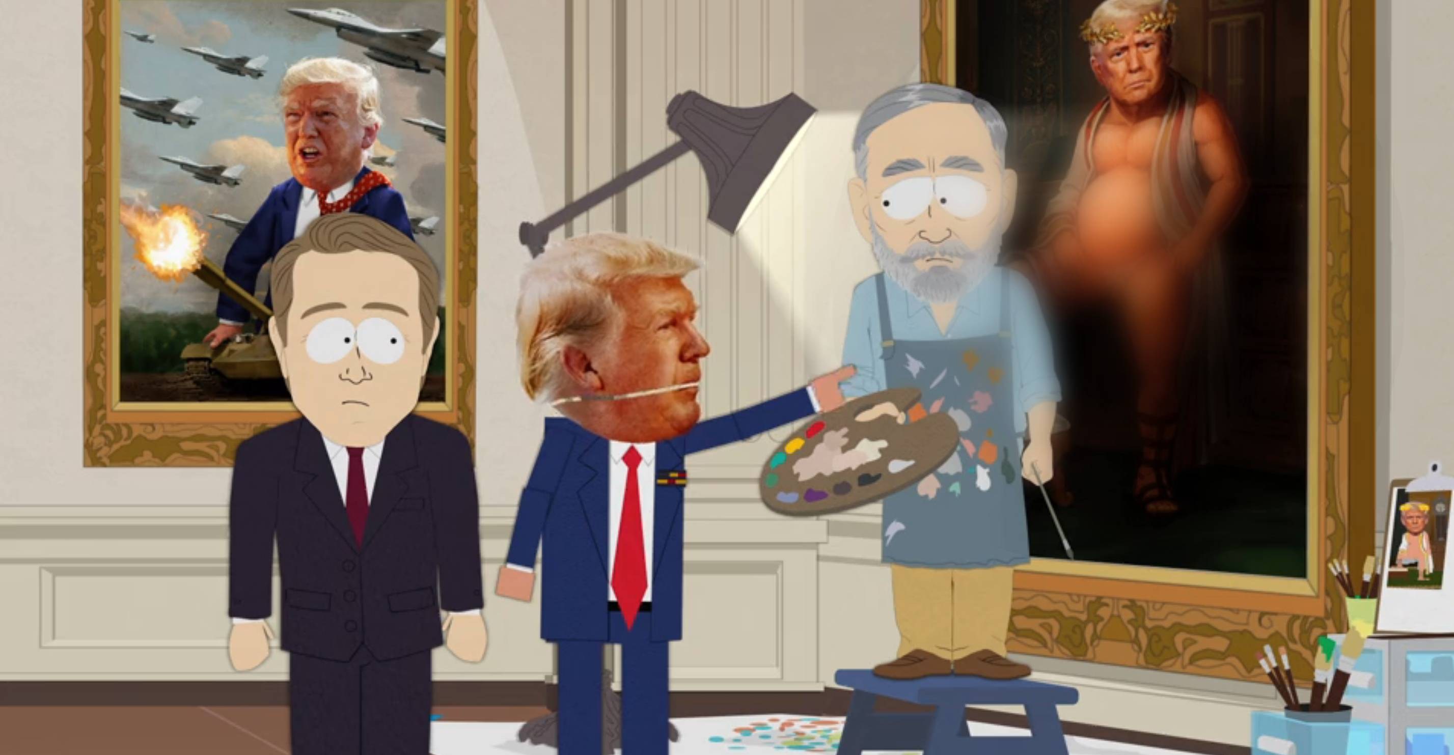 Trump grita com um artista pintando uma pintura desagradável dele em South Park