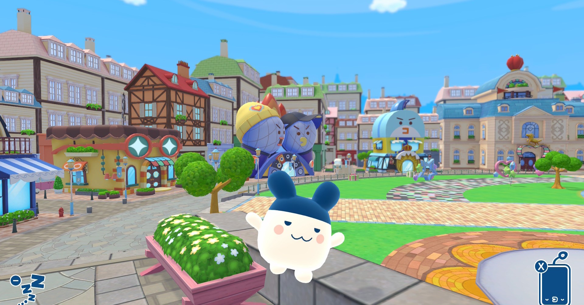 Um coelho Tamagotchi pulando pela praça em Tamagotchi Plaza