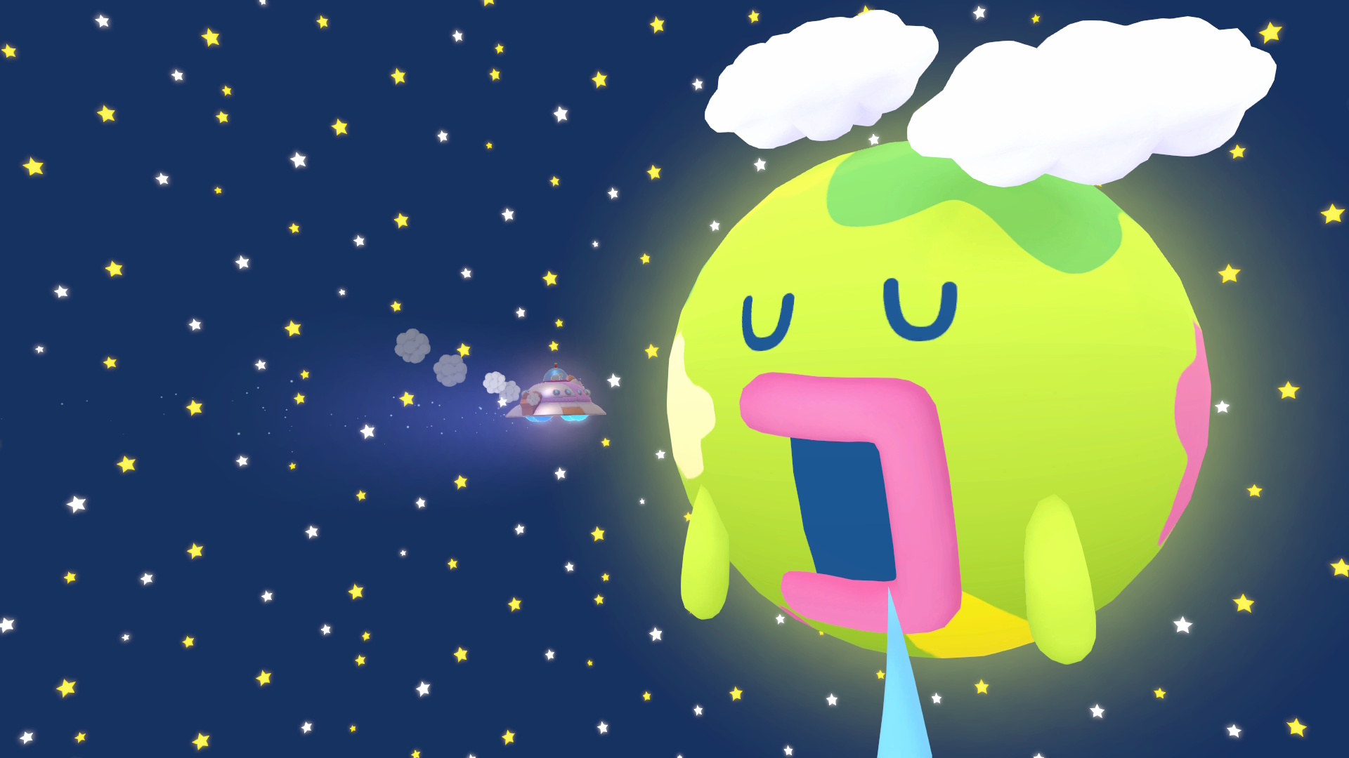 Um disco voador que se aproxima do planeta Tamagotchi em Tamagotchi Plaza