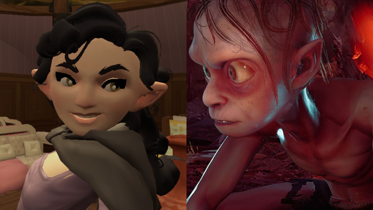 À esquerda, uma fêmea hobbit de contos do tampa sorri. À direita, Gollum (do jogo de Gollum de 2023) senta-se curvado, parecendo paranóico enquanto ele olha para algo fora da tela.