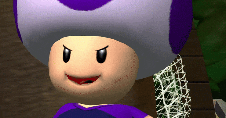 Toad parecendo devlish como o inferno em Mario Strikers