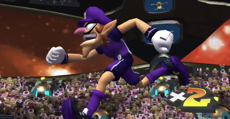 Waluigi dá a costeleta de virilha em Super Mario Strikers