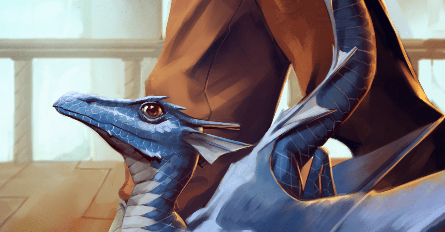 Um pequeno dragão azul caminha ao lado de uma pessoa na arte dos suplementos de D&D Pets & Sidekicks