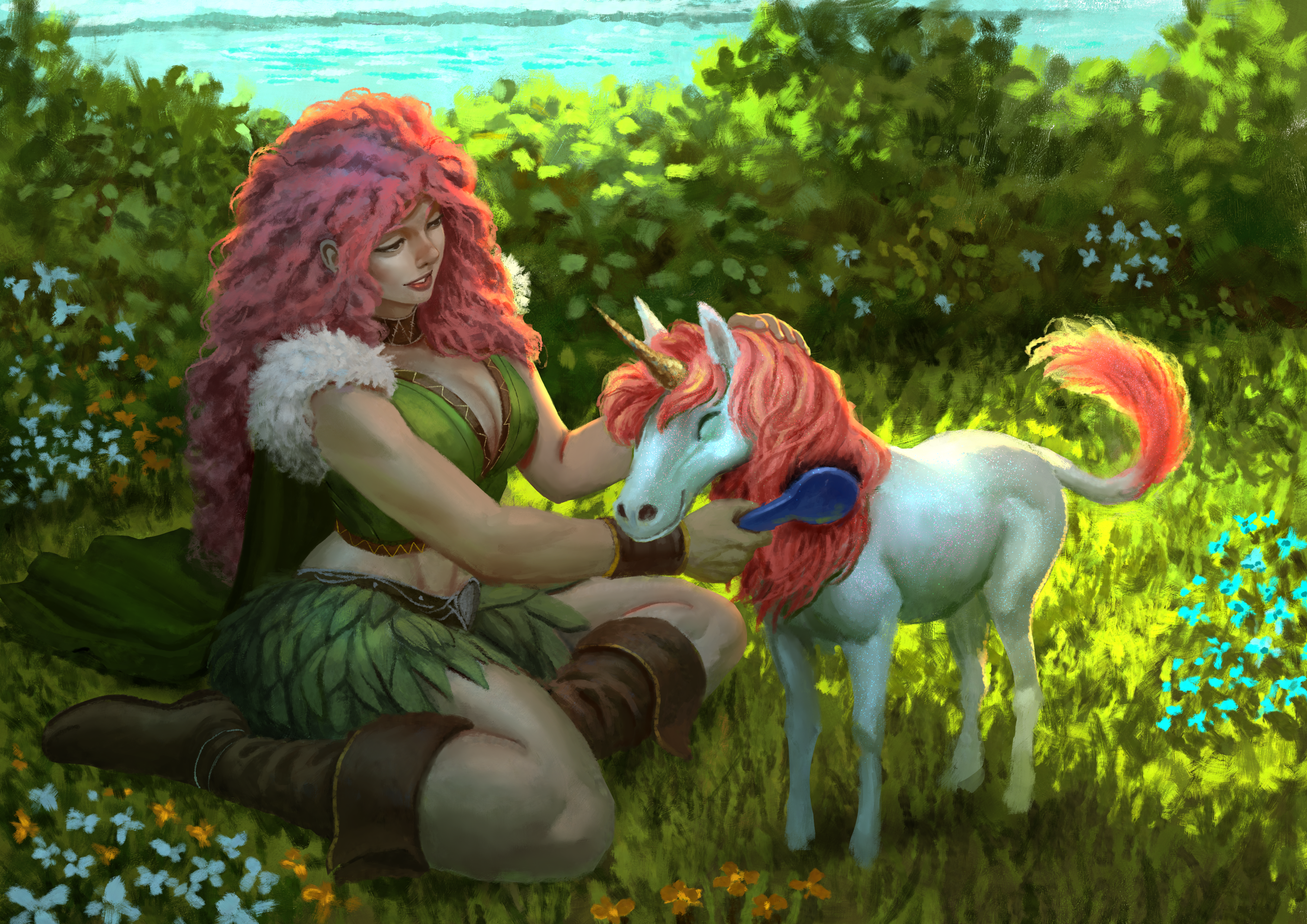 Uma mulher escova a juba laranja brilhante de um minúsculo unicórnio branco enquanto está sentado em um prado na expansão D&D's Pets & Sidekicks.