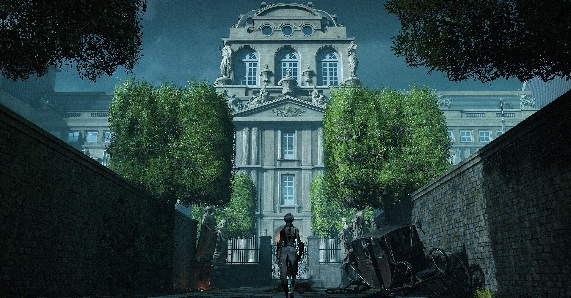 Um robô da Revolução Francesa caminha em direção a um Palácio de Paris do século XVIII em arte-chave para a SteelRising