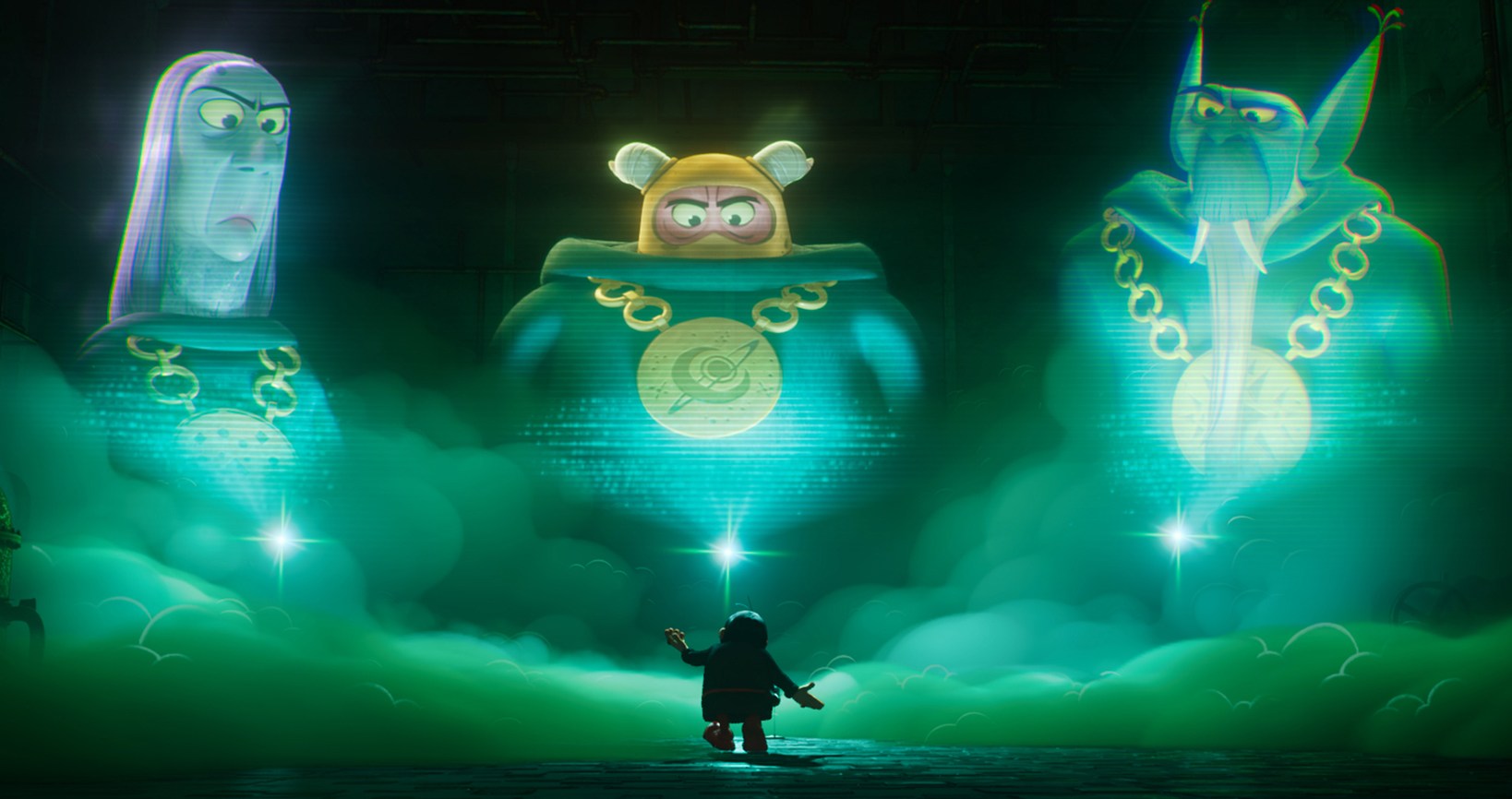 Três assistentes do mal, aparecem em projeções verdes gigantes em um quarto em silhueta no filme de 2025 Smurfs