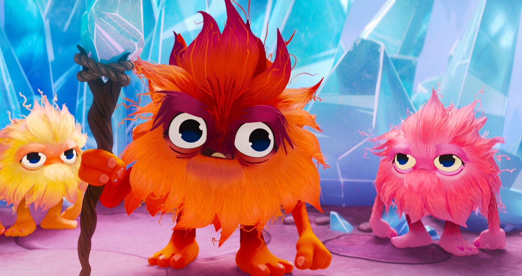 Um grupo de criaturas de furball de cores vivas chamadas Snooterpoots no filme de 2025 Smurfs