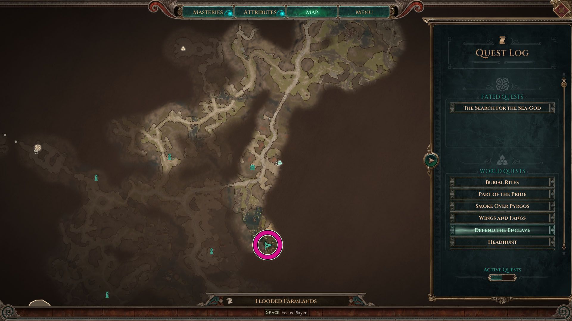 Uma captura de tela do Titan Quest 2 mostrando o mapa do jogo com um círculo rosa indicando o local onde você precisa ir para encontrar as vacas e completar o "As vacas ausentes" busca
