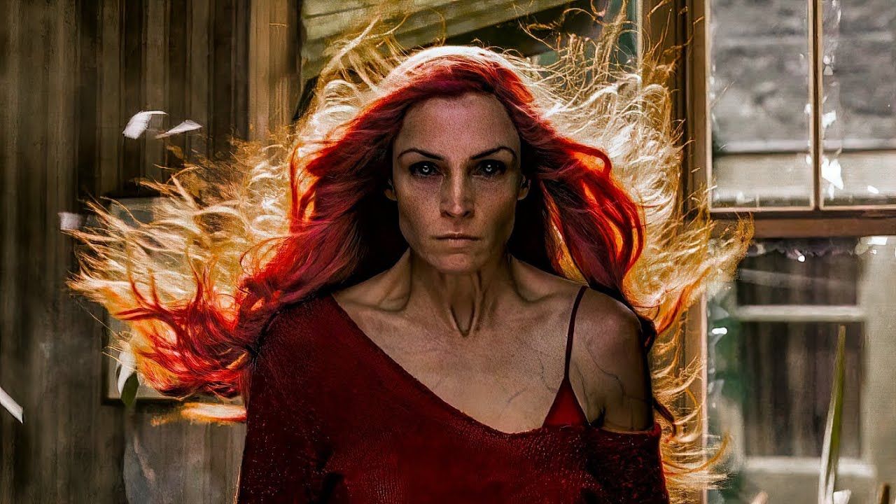 Jean Gray/Phoenix, Olhos Preto, Face desenhado e Gant, de pé e olhando atentamente em X-Men: The Last Stand