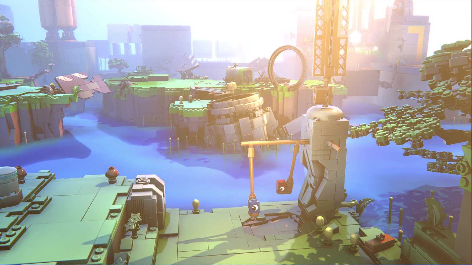 Uma captura de tela oficial de Voyagers de Lego mostrando dois tijolos LEGO paling em uma gangorra.