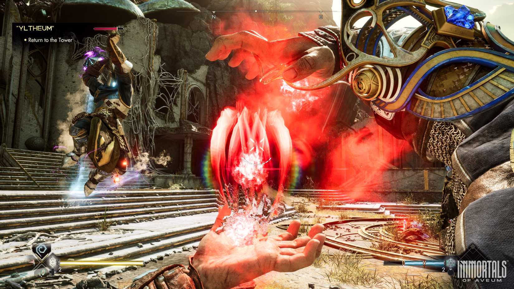 Um imortais de captura de tela de Aveum mostra o jogador na primeira pessoa gerando magia vermelha entre suas mãos