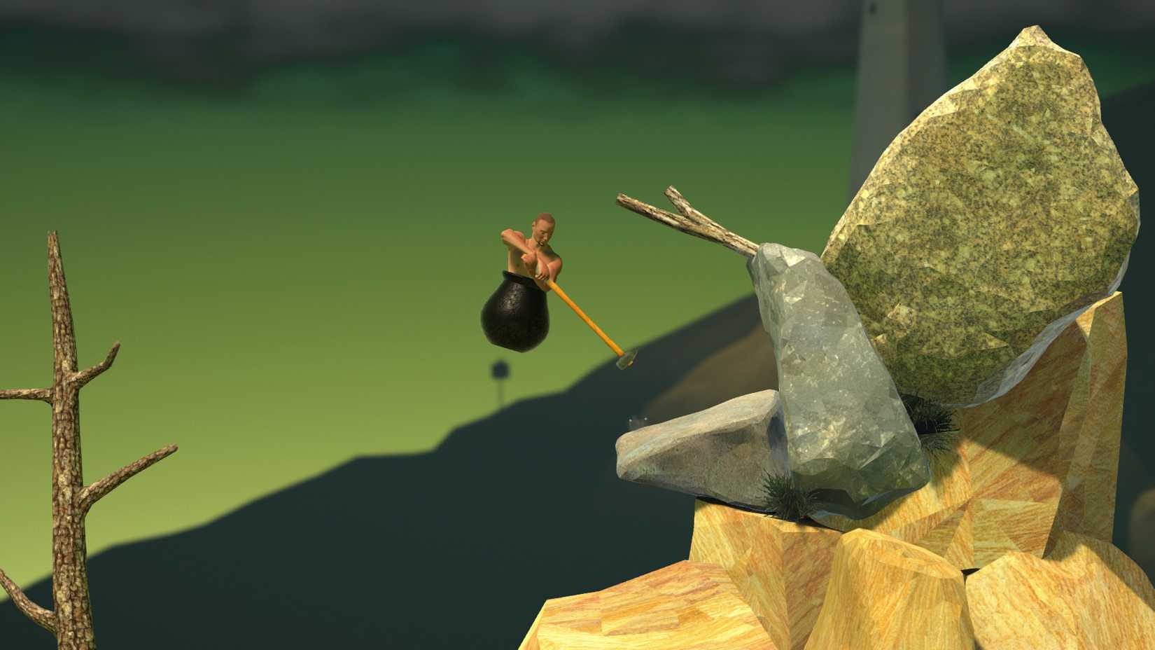 Um homem em uma panela sobe uma montanha em Bennett Foddy está superando