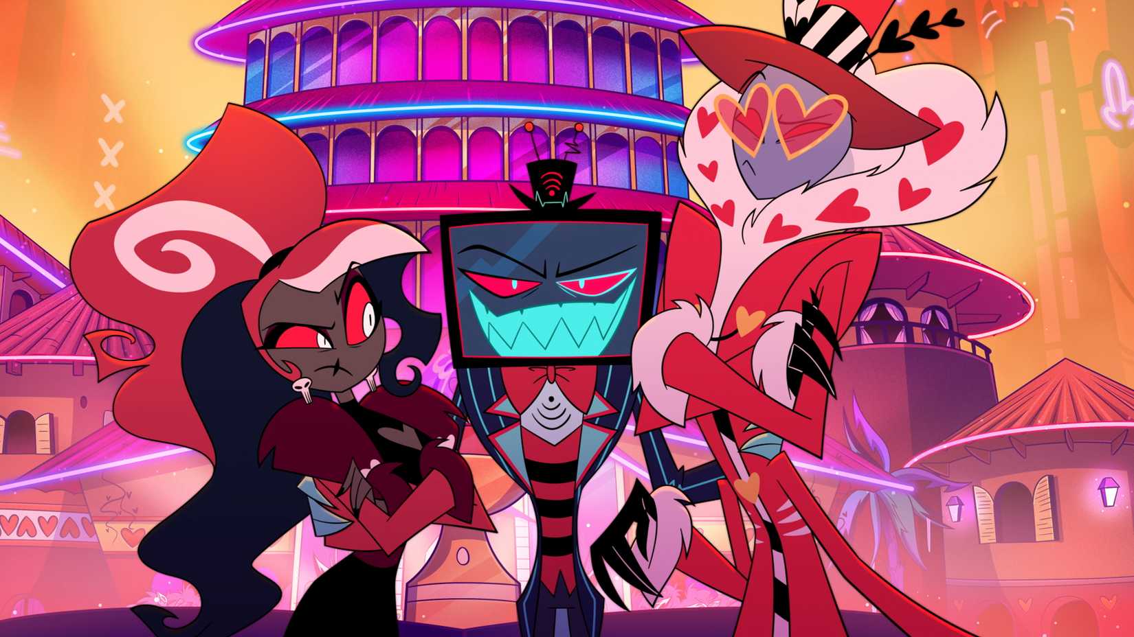 Os três vees, demônios estilizados de moda, televisão e pornografia, estão juntos na segunda temporada do Hazbin Hotel