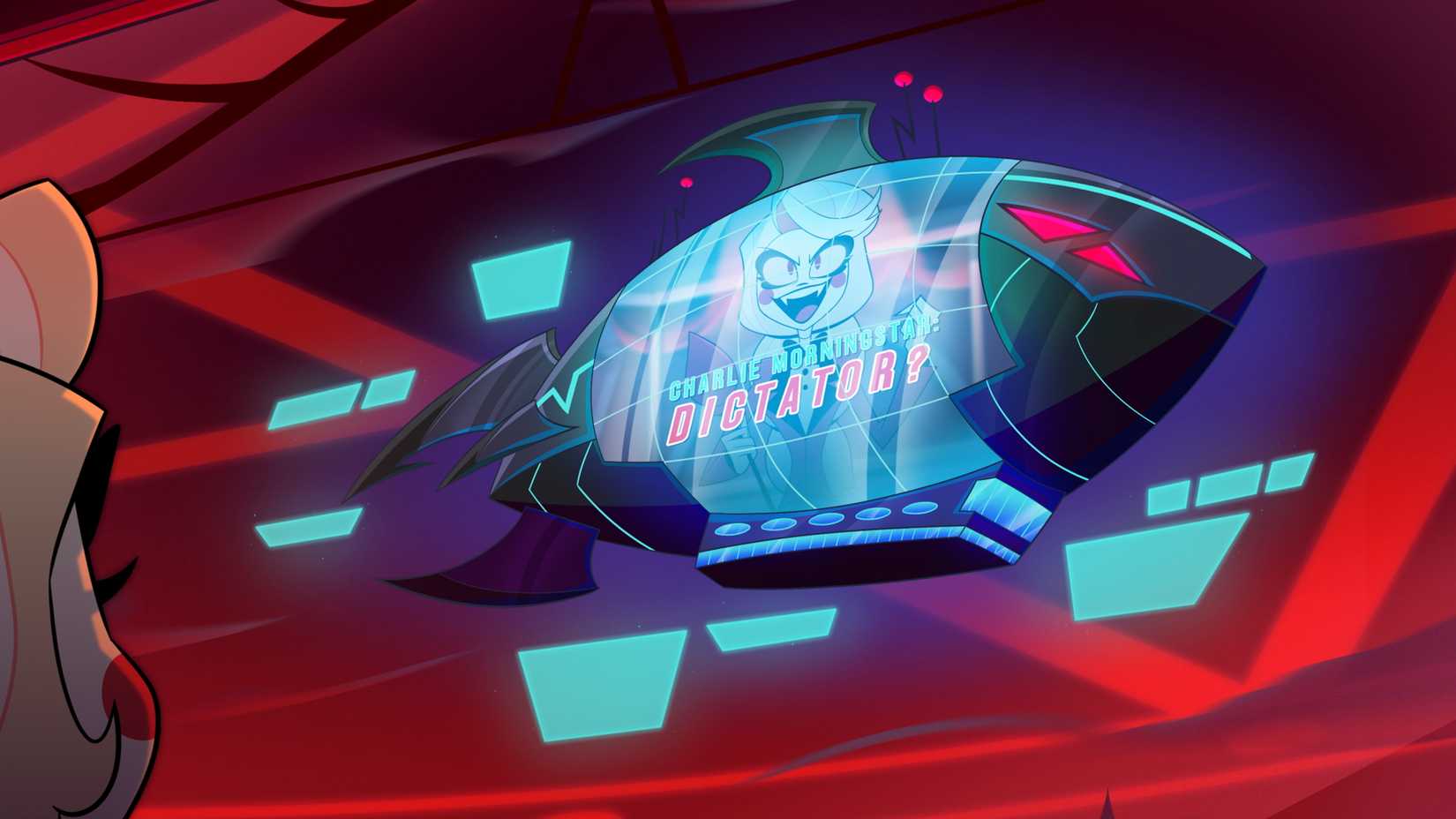 Um dirigível de tubarão viaja pelos céus vermelhos do inferno, exibindo o rosto do protagonista do Hazbin Hotel Charlie Morningstar e as palavras "Charlie Morningstar: Ditador?" do seu lado no Hazbin Hotel Season 2