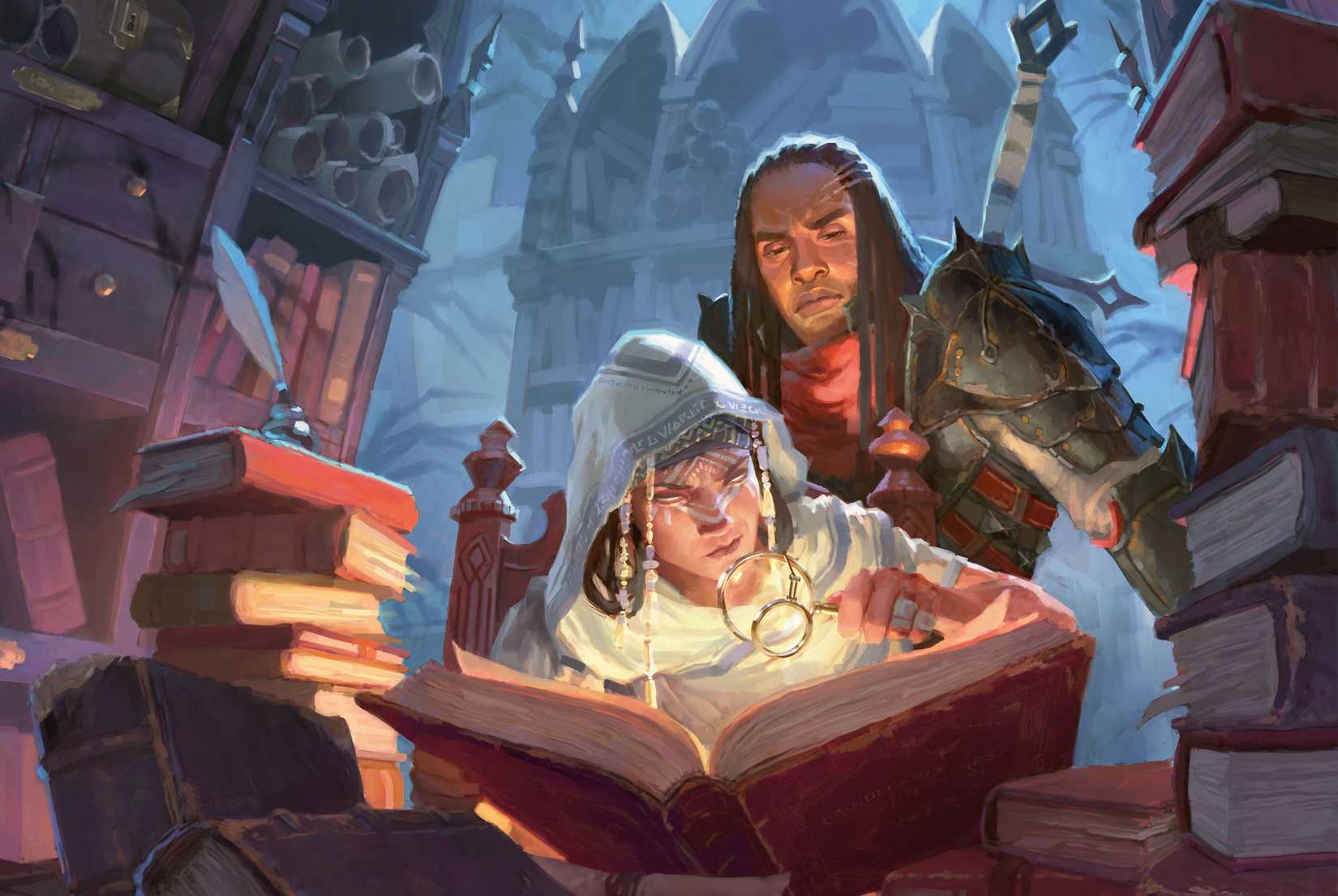 A arte da capa para mistérios de velas inclui um par de aventureiros que examinam os tomos esquecidos profundos sob o portão de Baldur.
