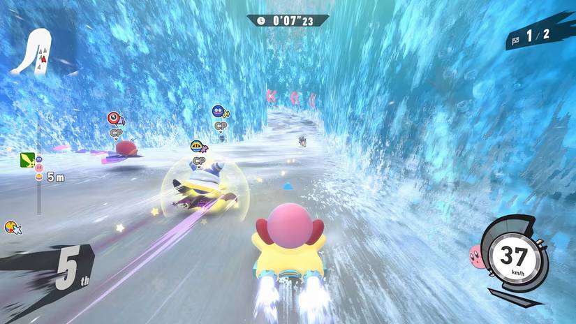 Kirby corre por um percurso aquoso em Kirby Air Riders.
