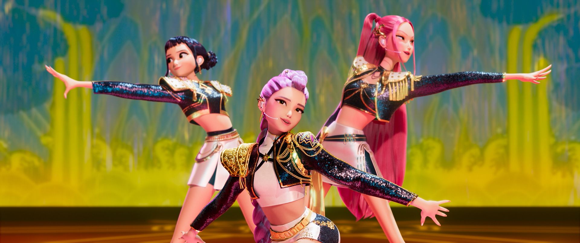 Três jovens que formam a banda Huntrix em Kpop Demon Hunters na Netflix