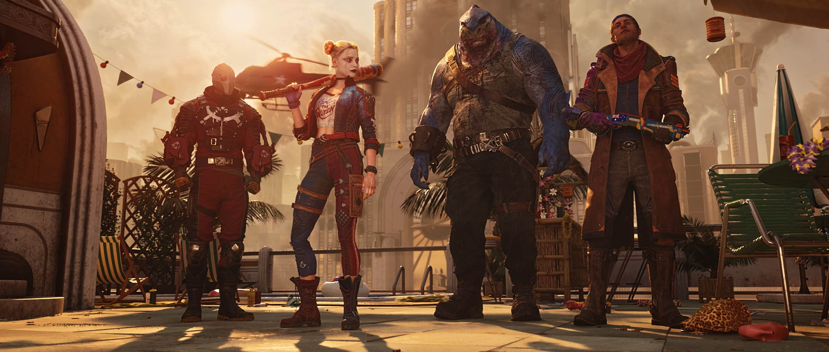Uma captura de tela do Esquadrão Suicida: Kill the Justice League com Harley Quinn, Deadshot, King Shark e Capitão Boomerang