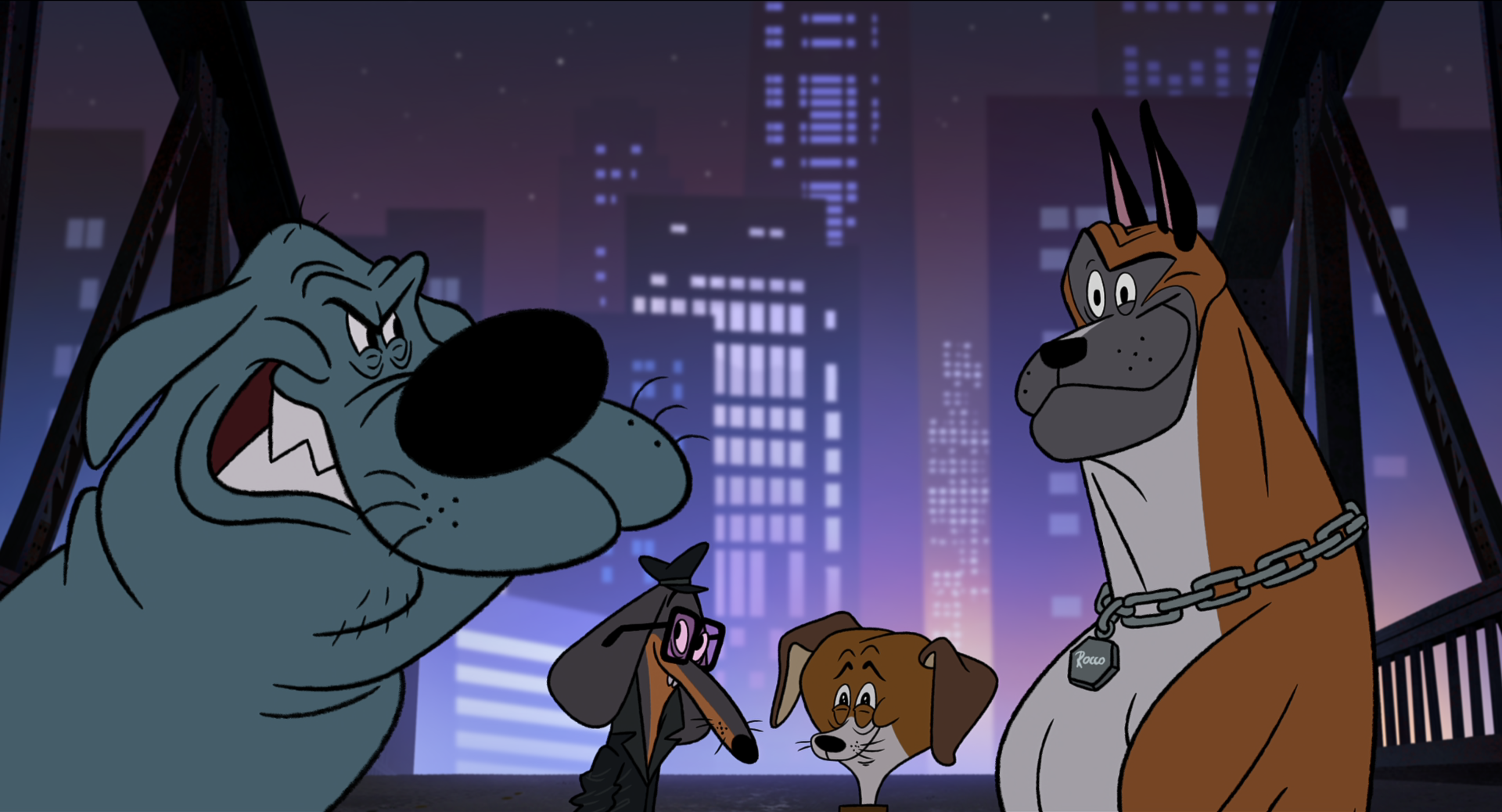 Cartoon Dogs Bull, busca, sortudo e Rocco sentam -se em frente ao horizonte de Chicago em fixo