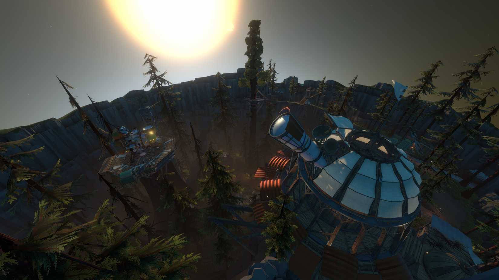 Uma captura de tela da Wilds Outer. Mostra um sol explosão que vem para obliterar o ambiente semelhante à floresta.