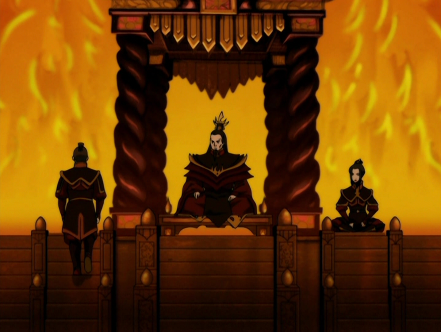 Fire Lord Ozai sentado em seu trono com Azula ao seu lado