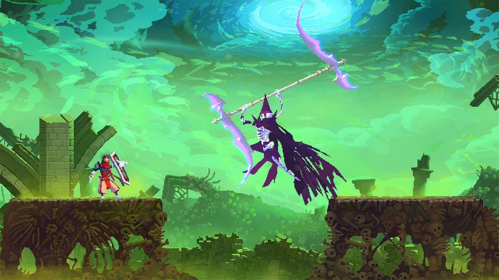 A morte balança uma foice no retorno ao Castlevania DLC para células mortas. O jogo é 2D e tem um estilo de arte pixelizado.