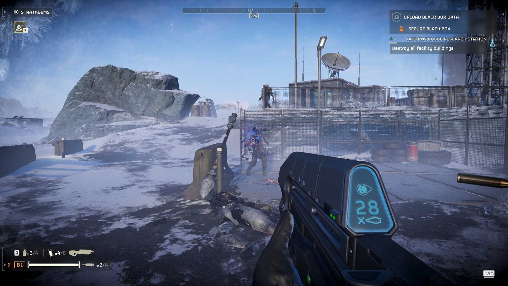 Um jogador Helldivers 2 no modo em primeira pessoa usando o rifle de assalto halo