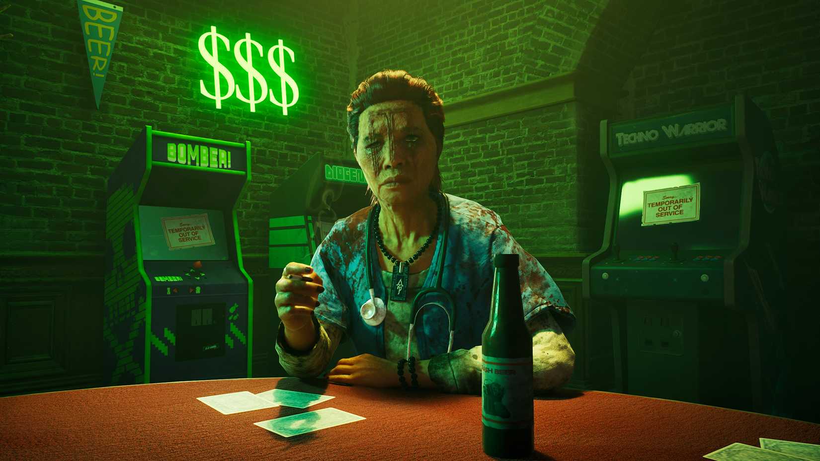 Katsumi fica na frente de sinais de dólar neon em vampiro: The Masquerade - Linhas Bloods 2