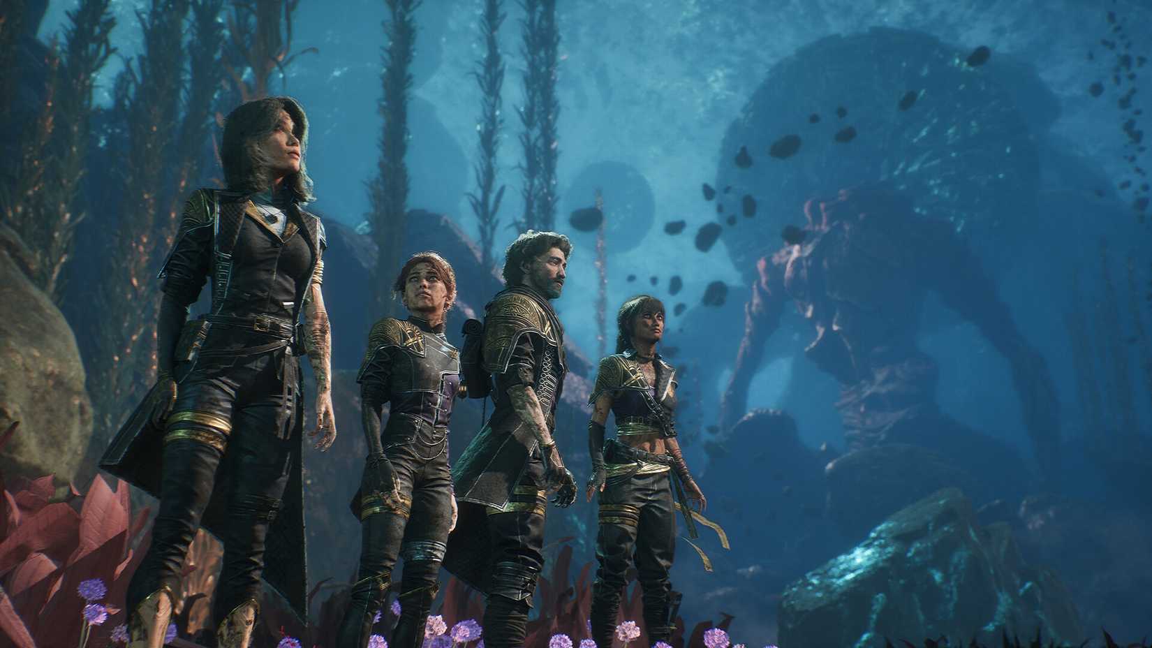 Os personagens de Clair obscur olham para uma paisagem de fantasia