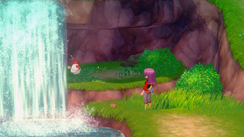 Imagem mostrando o protagonista olhando para um frango branco e vermelho atrás de uma cachoeira. Captura de tela de Story of Seasons: Grand Bazaar.