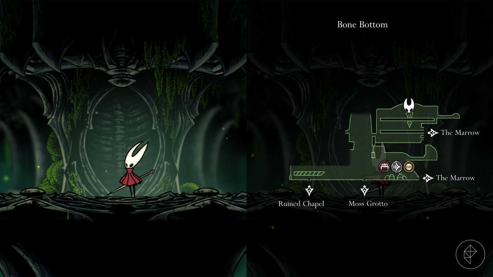 Hornet em pé em frente a uma abertura na parede em Hollow Knight: Silksong.