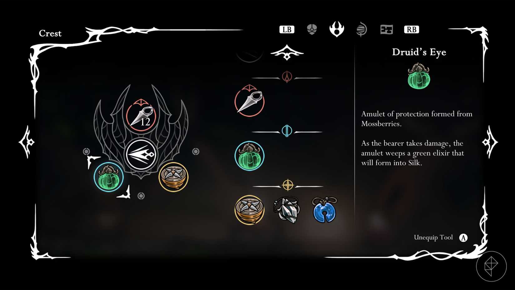 A descrição da crista dos olhos do druida em Hollow Knight Silksong.