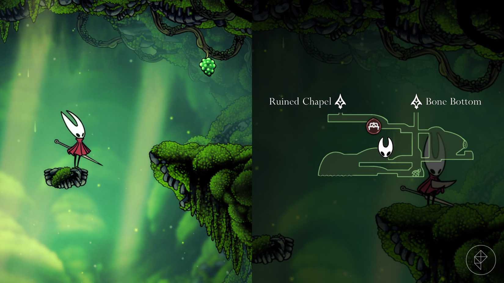 Hornet em pé em uma pequena plataforma que leva a um Mossberry em Hollow Knight: Silksong.