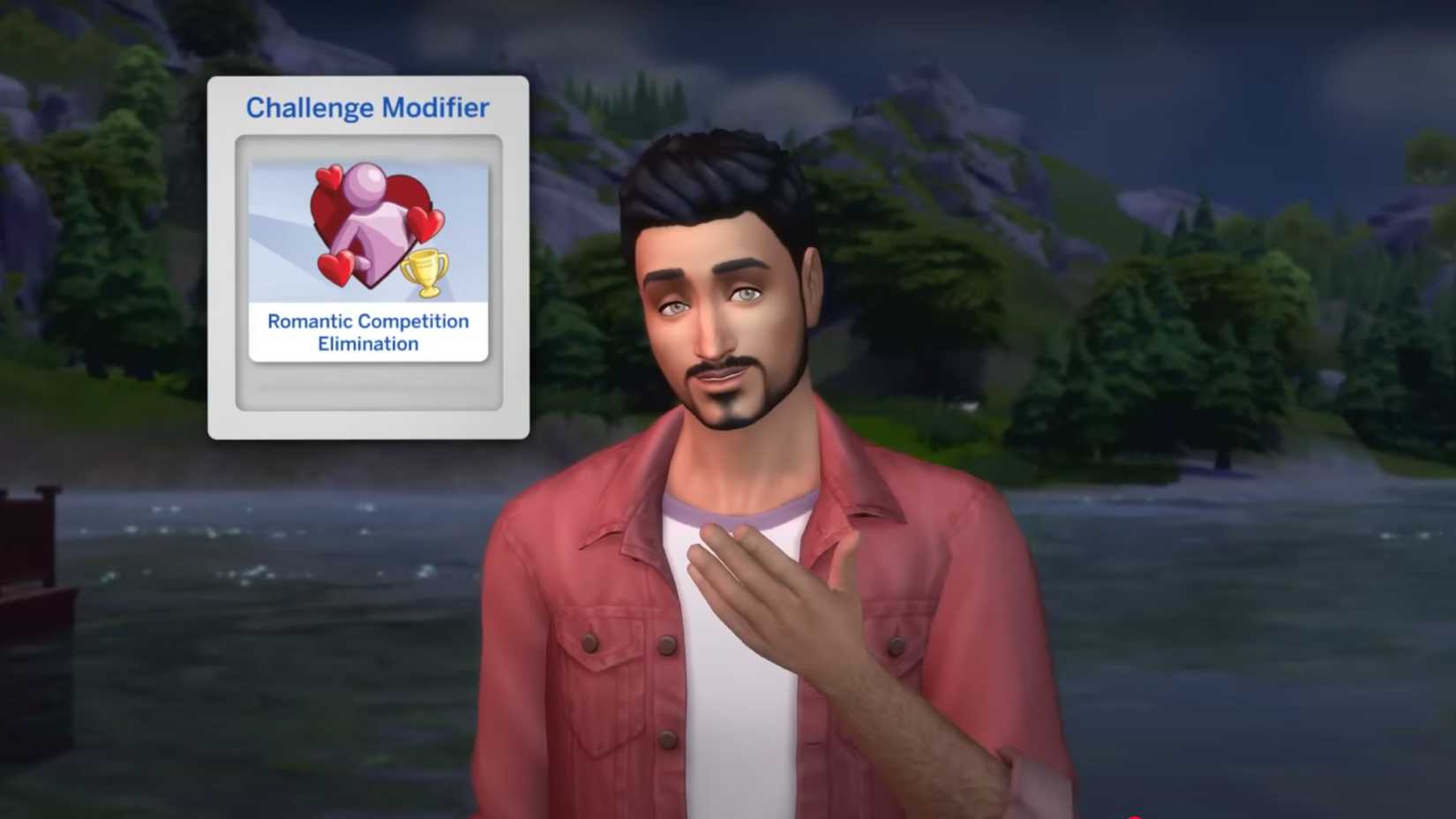 Um sim masculino com cabelo preto e pele clara de frente para a câmera como um "Competição romântica" TextBox aparece na tela.