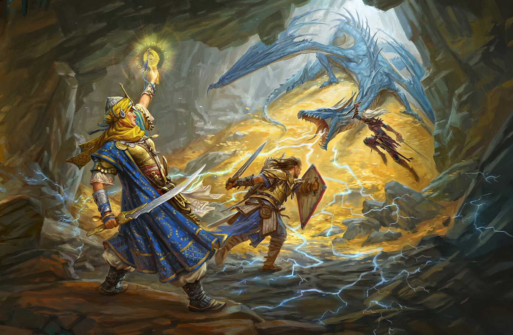 Um dragão azul guarda seu tesouro de um grupo de aventureiros na arte -chave da segunda edição do Pathfinder.