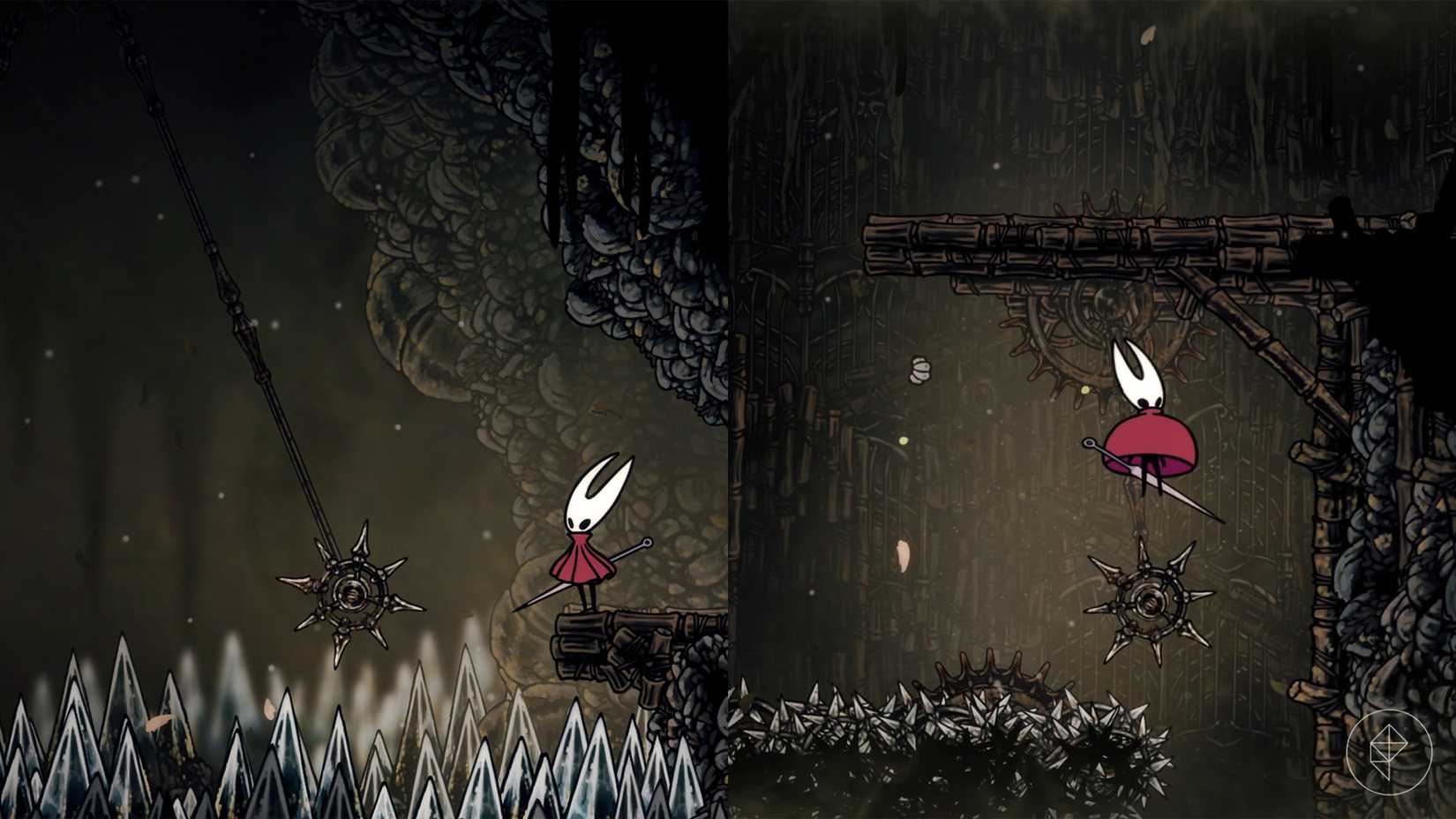 Hornet em pé e flutuando ao lado de uma bola espetada em Cavaleiro Hollo: Silksong.