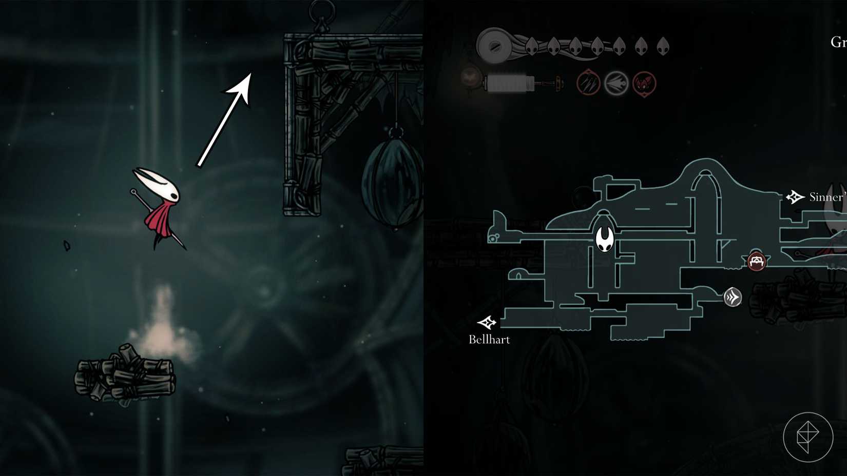 Hornet pulando em direção a uma parede em Greymoor em Hollow Knight: Silksong.