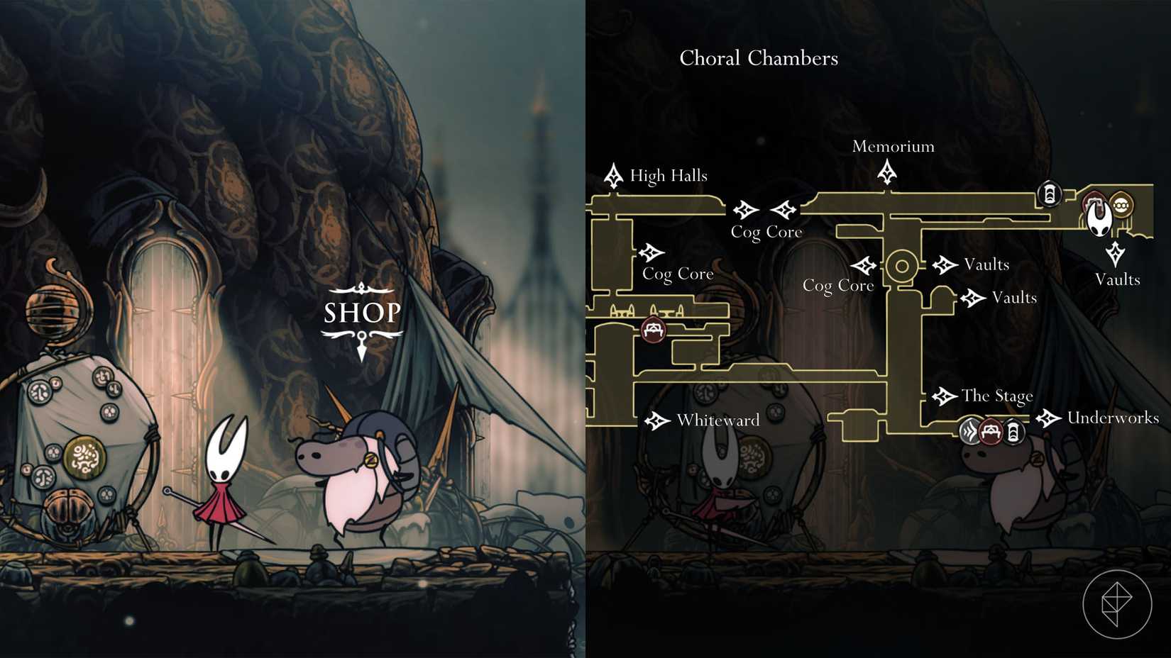 Hornet parado ao lado de Jubliana, um lojista em Hollow Knight: Silksong.