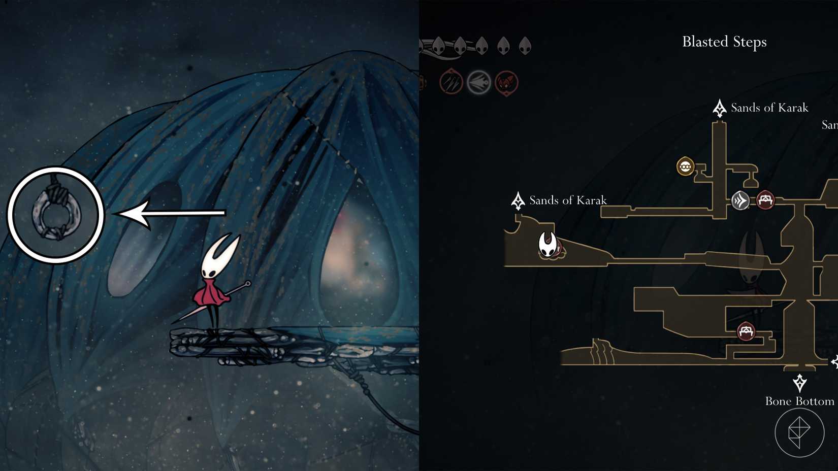 Hornet parado do lado de fora da casa dos ritmos da pinos nos degraus explosivos em Hollow Knight: Silksong.