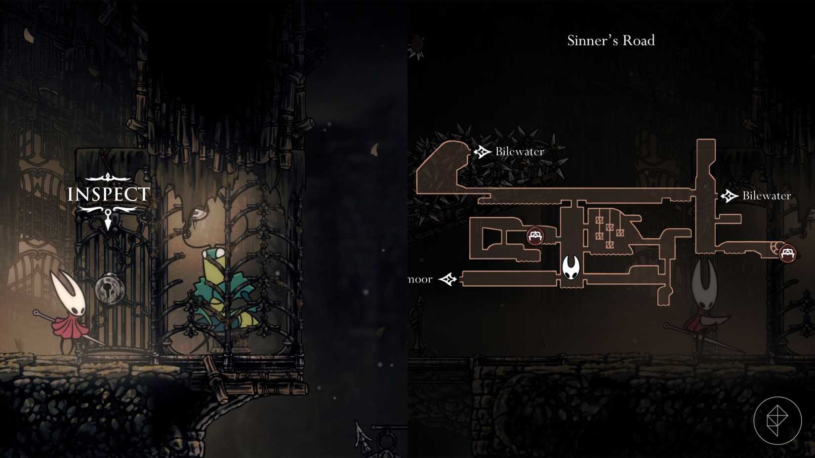 Hornet parado do lado de fora de uma gaiola trancada com o príncipe verde dentro de Hollow Knight: Silksong.