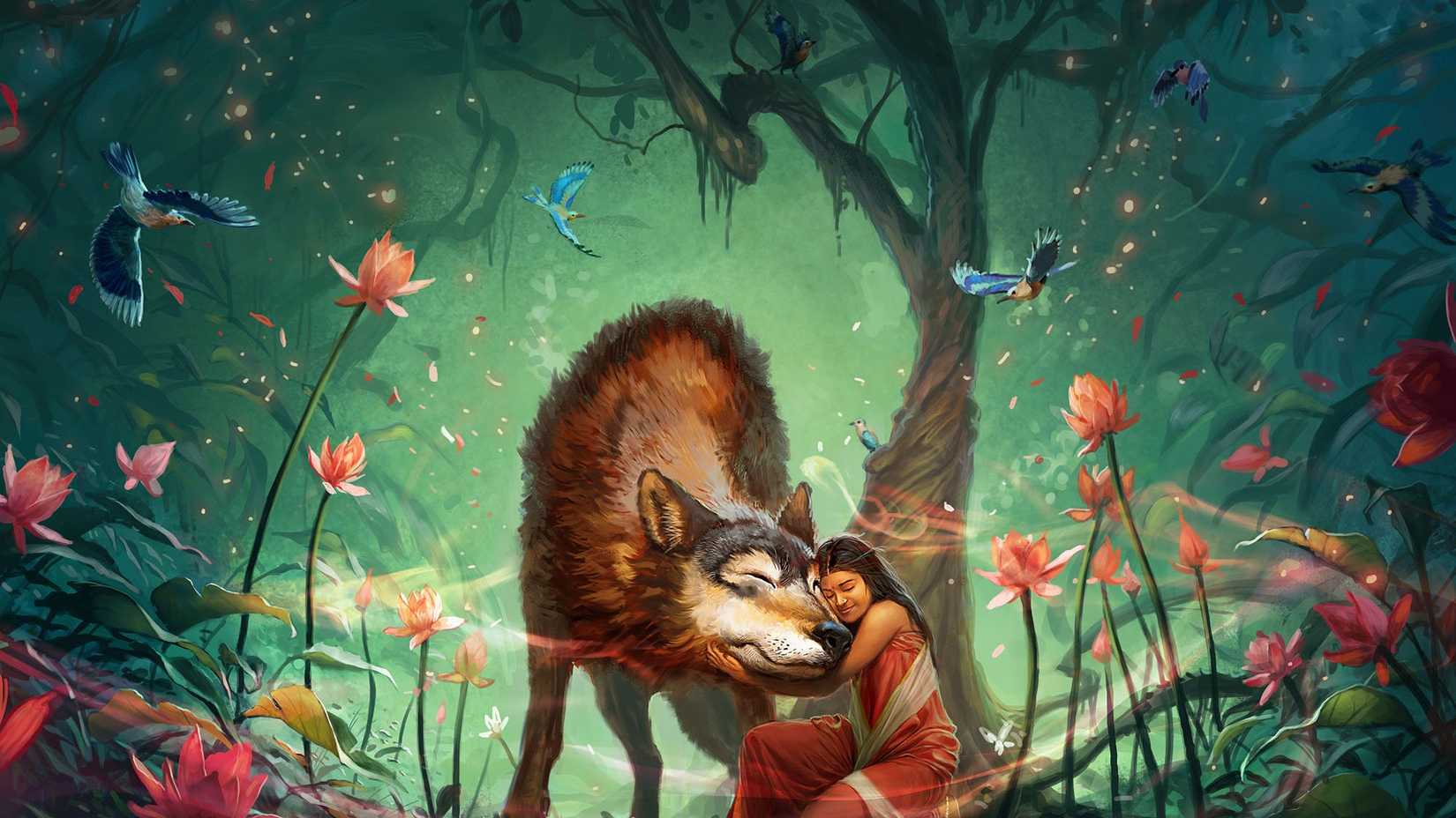 Uma garota abraça um lobo na arte de Cypher